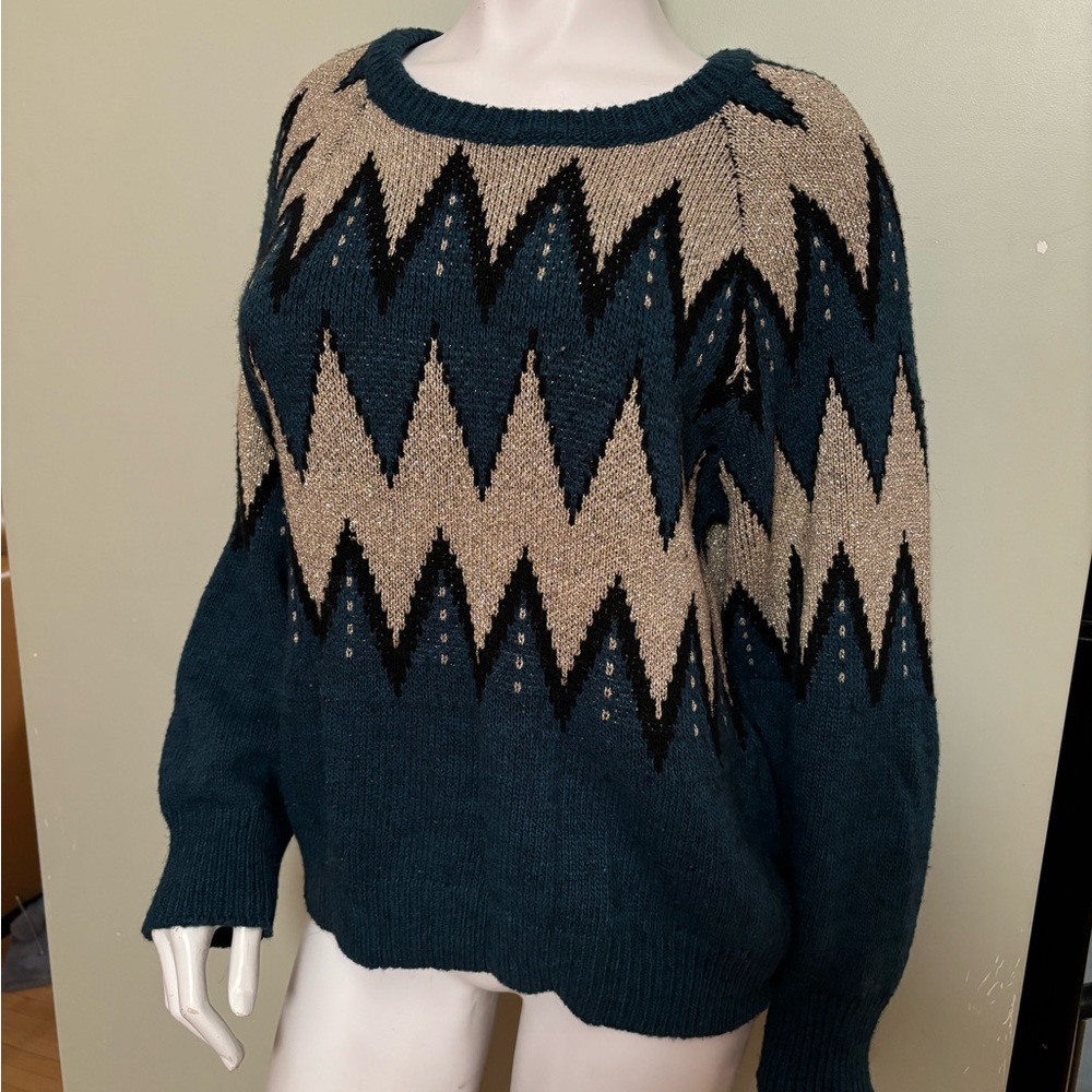 80s Gold Metallic Thread Chevron Patterned Sweater - Italy